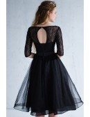 Black Tulle Knee Length Homecoming Party Dress with Half Lace Sleeves