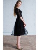 Black Tulle Knee Length Homecoming Party Dress with Half Lace Sleeves