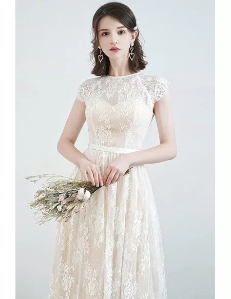 Modest Lace Cap Sleeved Tea Length Wedding Party Dress with Sash