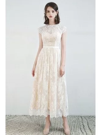 Modest Lace Cap Sleeved Tea Length Wedding Party Dress with Sash