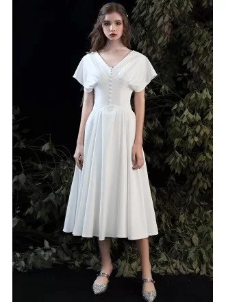 Retro Chic Vneck Tea Length Wedding Dress V Back with Dolman Sleeves