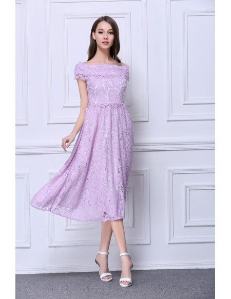 Feminine A-Line Off-the-Shoulder Lace Tea-Length Dress