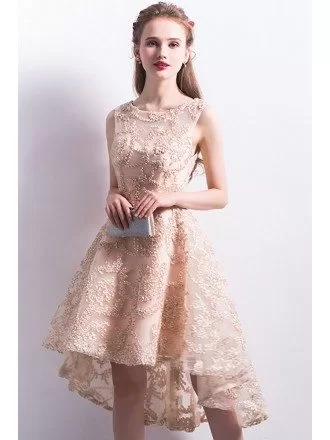 Champagne High Low Applique Lace Homecoming Party Dress Sleeveless
