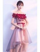 Off Shoulder Flowers High Low Homecoming Party Dress with Sash