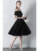 Simple Little Black Knee Length Semi Formal Dress with Off Shoulder