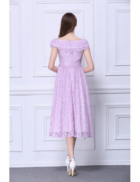 Feminine A-Line Off-the-Shoulder Lace Tea-Length Dress