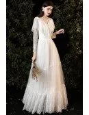 Romantic Lace Vneck Boho Wedding Dress with Sheer Long Sleeves