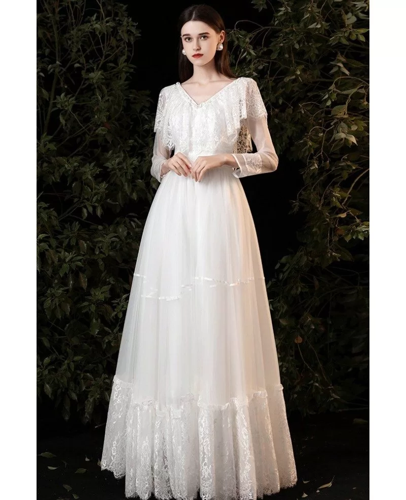 Romantic Lace Vneck Boho Wedding Dress with Sheer Long Sleeves G78021 ...