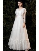 Romantic Lace Vneck Boho Wedding Dress with Sheer Long Sleeves