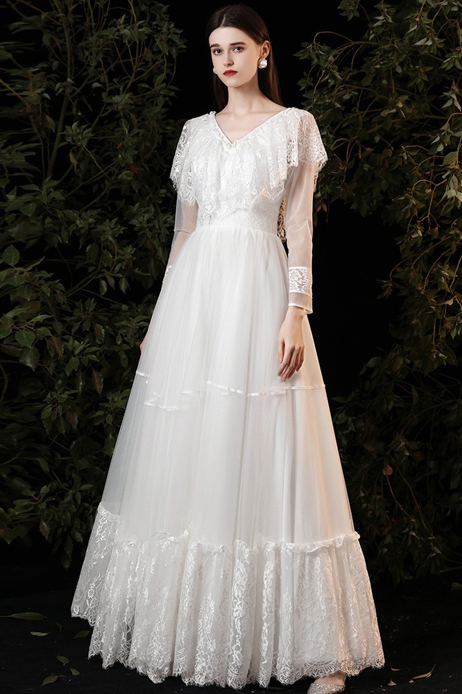 Romantic Lace Vneck Boho Wedding Dress with Sheer Long Sleeves G78021 -  GemGrace.com