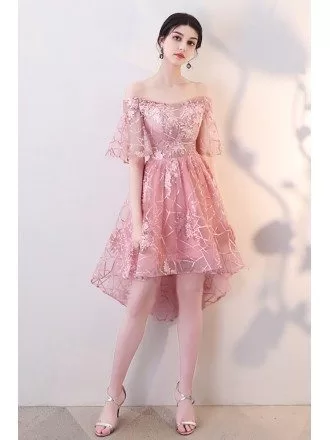 Gorgeous Pink Off Shoulder Hoco Dress High Low with Sleeves