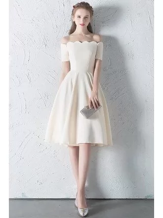 Simple Champagne Off Shouler Sleeved Homecoming Dress Knee Length