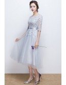 Grey Appliqes Lace Homecoming Dress Tea Length with Sheer Sleeves