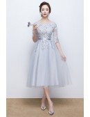 Grey Appliqes Lace Homecoming Dress Tea Length with Sheer Sleeves