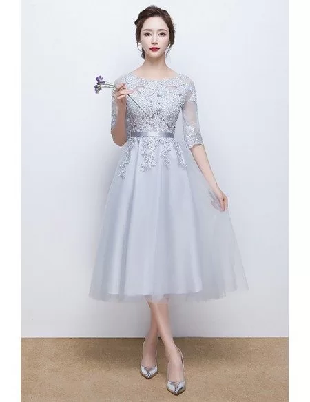 Grey Appliqes Lace Homecoming Dress Tea Length with Sheer Sleeves ...