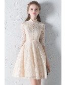 Modest Champagne Lace Short Homecoming Dress Half Sleeved with Collar