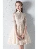 Modest Champagne Lace Short Homecoming Dress Half Sleeved with Collar