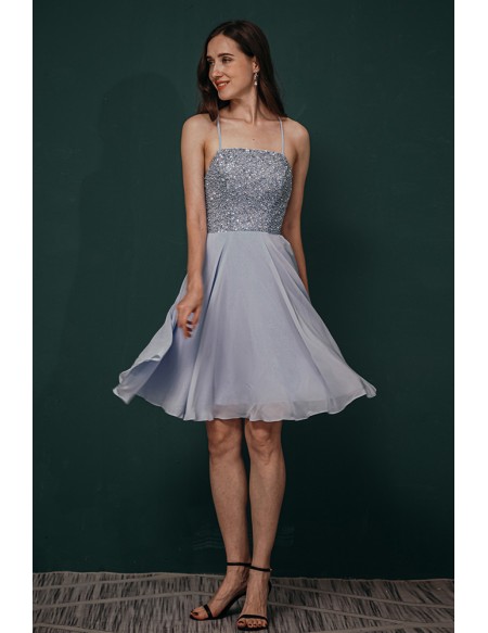 Open Back Short Chiffon Simple Party Dress with Beading Top