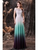 Ombre Green Blue Chiffon Long Formal Prom Dress with Short Lace Sleeves