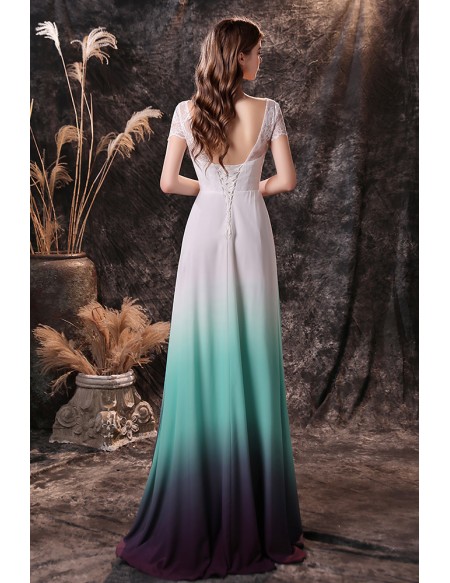 Ombre Green Blue Chiffon Long Formal Prom Dress with Short Lace Sleeves