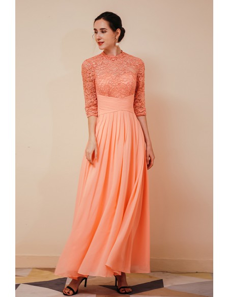 Modest Orange Chiffon Long Formal Dress For Woman with Lace Beading Sleeves
