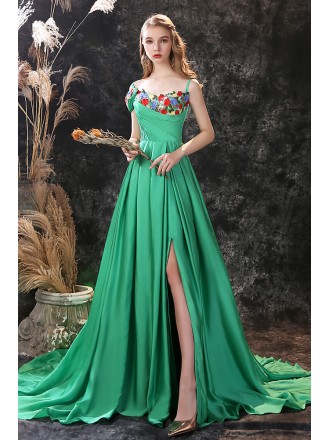 Green Long Slit Chiffon Prom Dress Trained with Colorful Flowers Neck