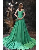 Green Long Slit Chiffon Prom Dress Trained with Colorful Flowers Neck
