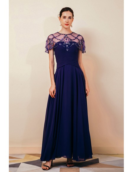Long Purple Pleated Chiffon Specail Party Dres with Beading Cape Sleeves