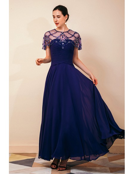 Long Purple Pleated Chiffon Specail Party Dres with Beading Cape ...