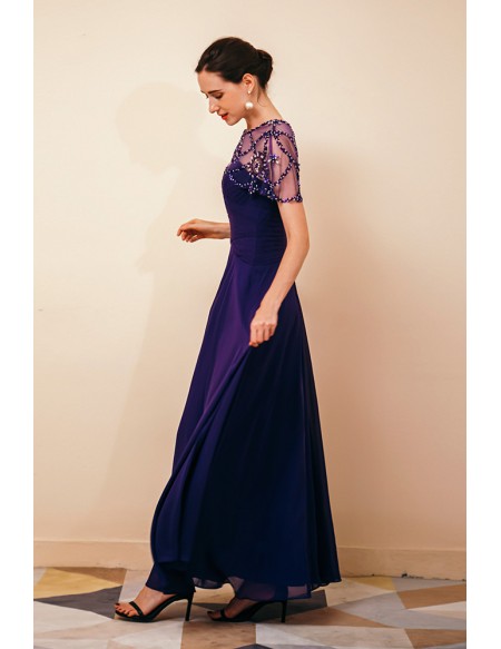 Long Purple Pleated Chiffon Specail Party Dres with Beading Cape Sleeves