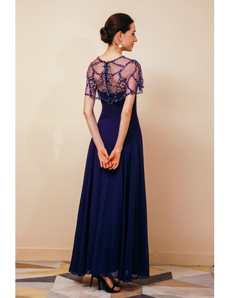 Long Purple Pleated Chiffon Specail Party Dres with Beading Cape Sleeves