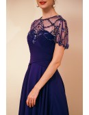 Long Purple Pleated Chiffon Specail Party Dres with Beading Cape Sleeves