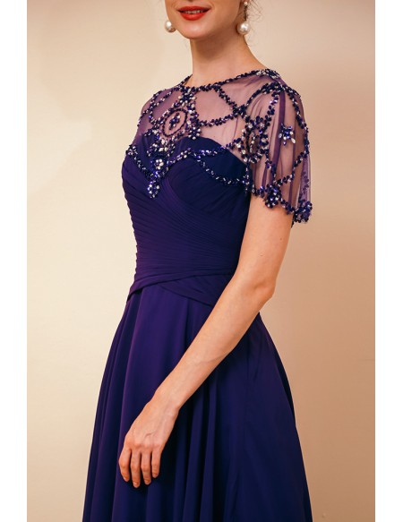 Long Purple Pleated Chiffon Specail Party Dres with Beading Cape Sleeves