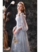 Special Dandelion Flower Grey Long Prom Dress with Cape Sleeves