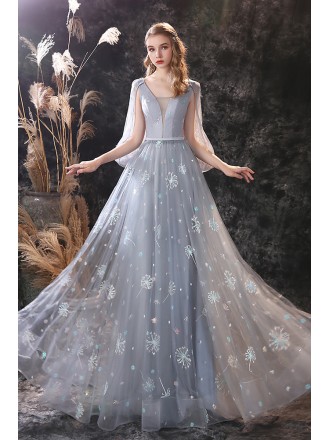 Special Dandelion Flower Grey Long Prom Dress with Cape Sleeves