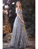 Dragonfly Embroidery Tulle Grey Prom Dress In Off Shoulder Floor Length