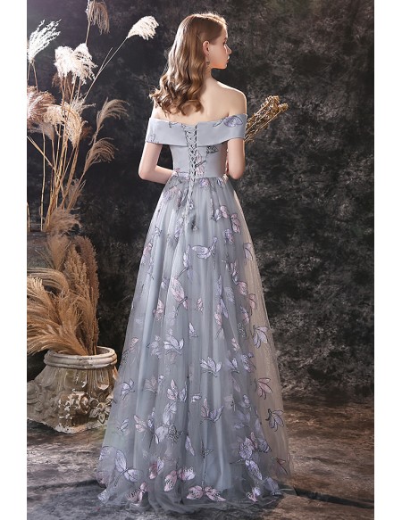 Dragonfly Embroidery Tulle Grey Prom Dress In Off Shoulder Floor Length ...