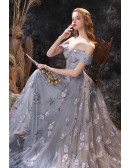 Dragonfly Embroidery Tulle Grey Prom Dress In Off Shoulder Floor Length