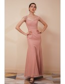 Fitted Long Mermaid Pleated Special Occasion Dress with Cap Lace Sleeves