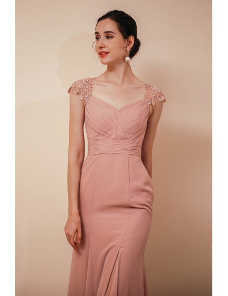 Fitted Long Mermaid Pleated Special Occasion Dress with Cap Lace Sleeves