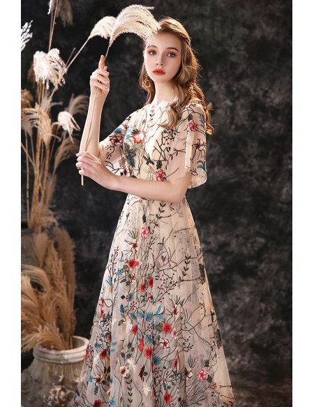 Unique Romantic Floral Embroidery Lace Formal Prom Dress with Sleeves And Train