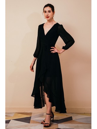 Hi Lo Black V Neck Chiffon Special Occasion Dress with Long Lantern Sleeves