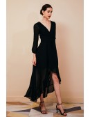 Hi Lo Black V Neck Chiffon Special Occasion Dress with Long Lantern Sleeves
