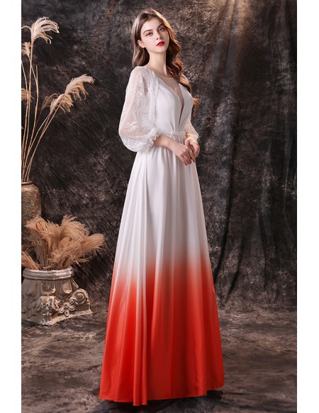 Ombre White Orange V Neck Evening Formal Dress with Lantern Lace Sleeves