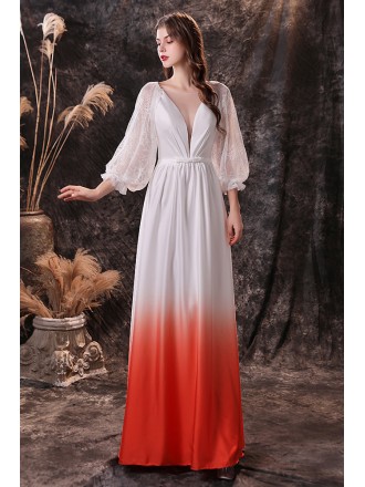 Ombre White Orange V Neck Evening Formal Dress with Lantern Lace Sleeves