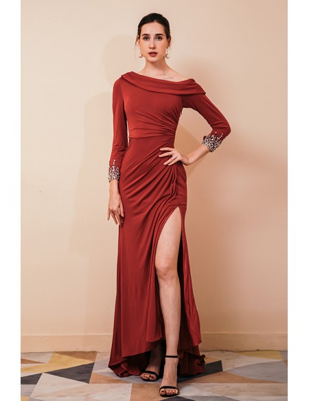 Long Fitted Burgundy Slit Specail Occasion Dress with Sleeves