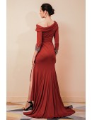 Long Fitted Burgundy Slit Specail Occasion Dress with Sleeves