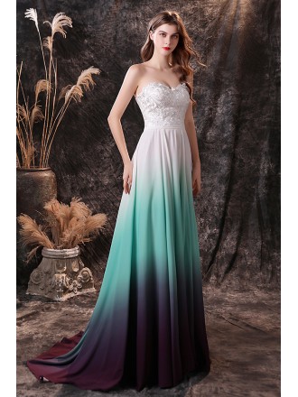 Strapless Sweetheart Lace Chiffon Long Prom Dress Ombre White Green Blue