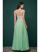 A Line Straps Green Long Slit Chiffon Prom Dress with Lace Bading Top