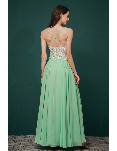 A Line Straps Green Long Slit Chiffon Prom Dress with Lace Bading Top